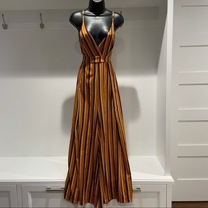 Low Cut Pin Stripped Wide Leg Jumpsuit